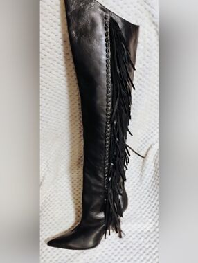 Jimmy Choo Black Leather Over-the-Knee Boots with Fringe Detail